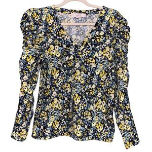 LOFT Floral Print Puff Sleeve crinkle Blouse Women's Petite MP Med Yellow‎ Blue